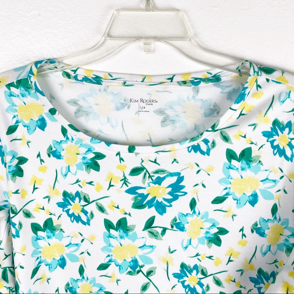 KIM ROGERS 100% Cotton Floral Polka Dot Bow Cuff Curvy Top 1X Casual Spring Boho - Picture 5 of 7